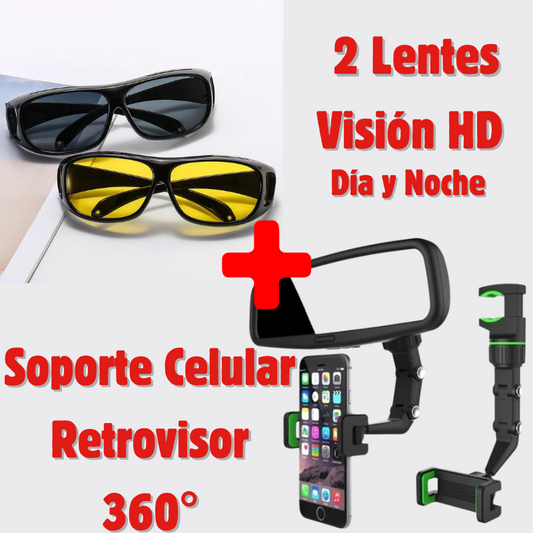 2 Lentes Visión HD + Soporte Celular Retrovisor 360°