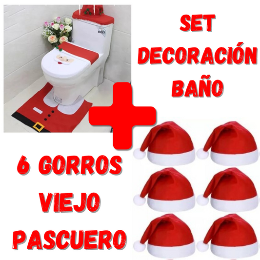 🎄 Pack Navideño de Decoración Baño + 6 Gorros de Viejo Pascuero
